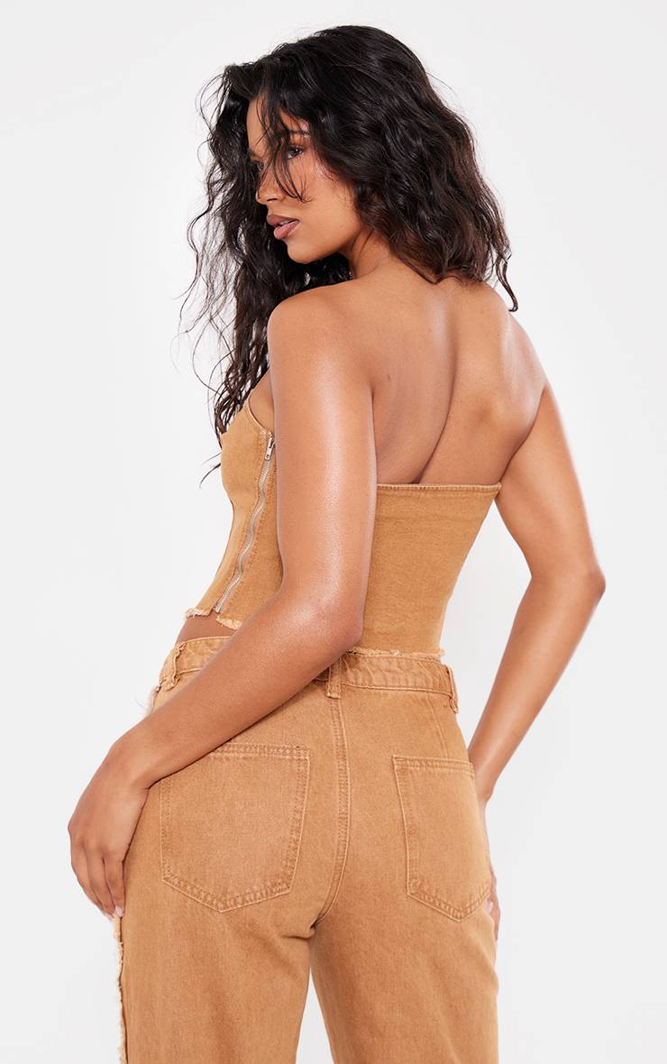 Washed Brown Top Corset Stretch Étoile Appliquée