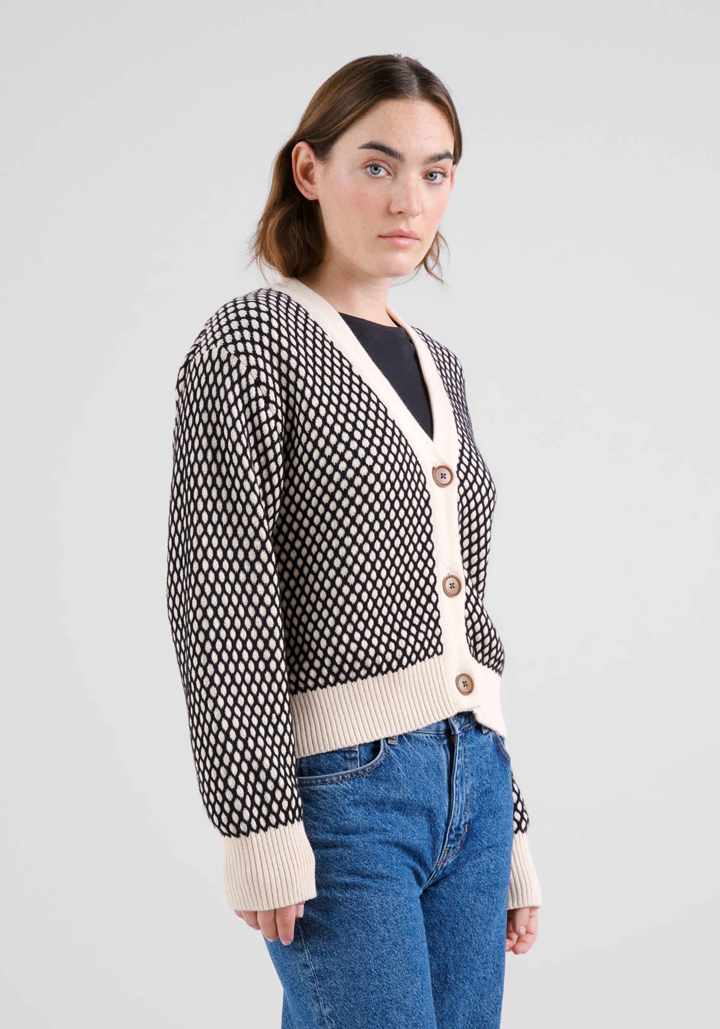 Dedicated Cardigan Kanan Bubble Knit Black/Vanilla Whitecap Gray