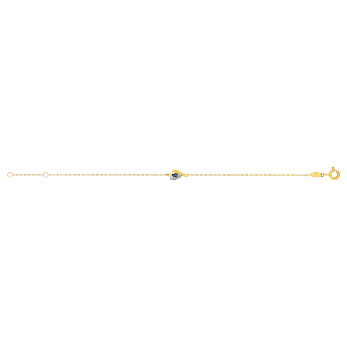 Bracelet or 375 jaune 2 tons saphir et diamant 18cm avec anneau de raccoucissement à 16cm