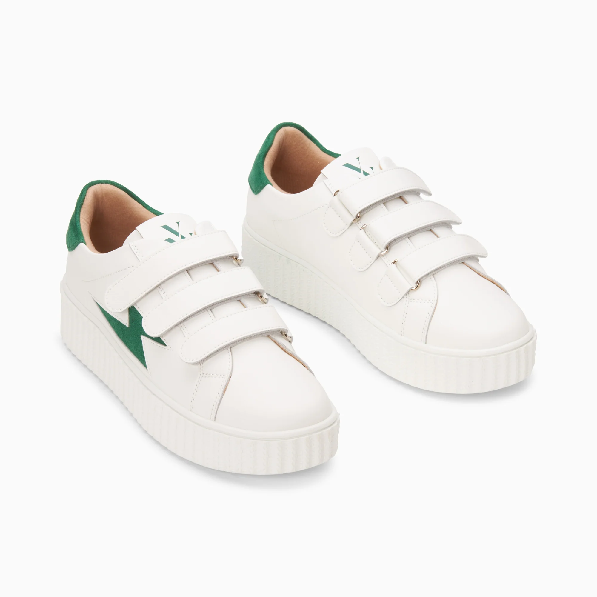Sneakers-Baskets éclair Kim blanc et vert foncé à scratchs