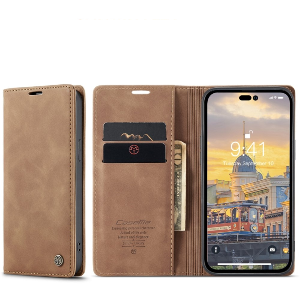 iPhone 14 Pro Max Leder Tasche Flip Wallet Etui mit Kartenfächern - Hellbraun