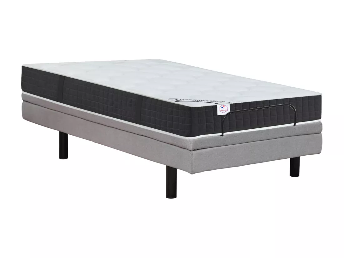 Lit électrique de relaxation déco + matelas ressorts ensachés et mémoire de forme - 90 x 200 cm - Tissu - Gris - RIZALI de YSMÉE