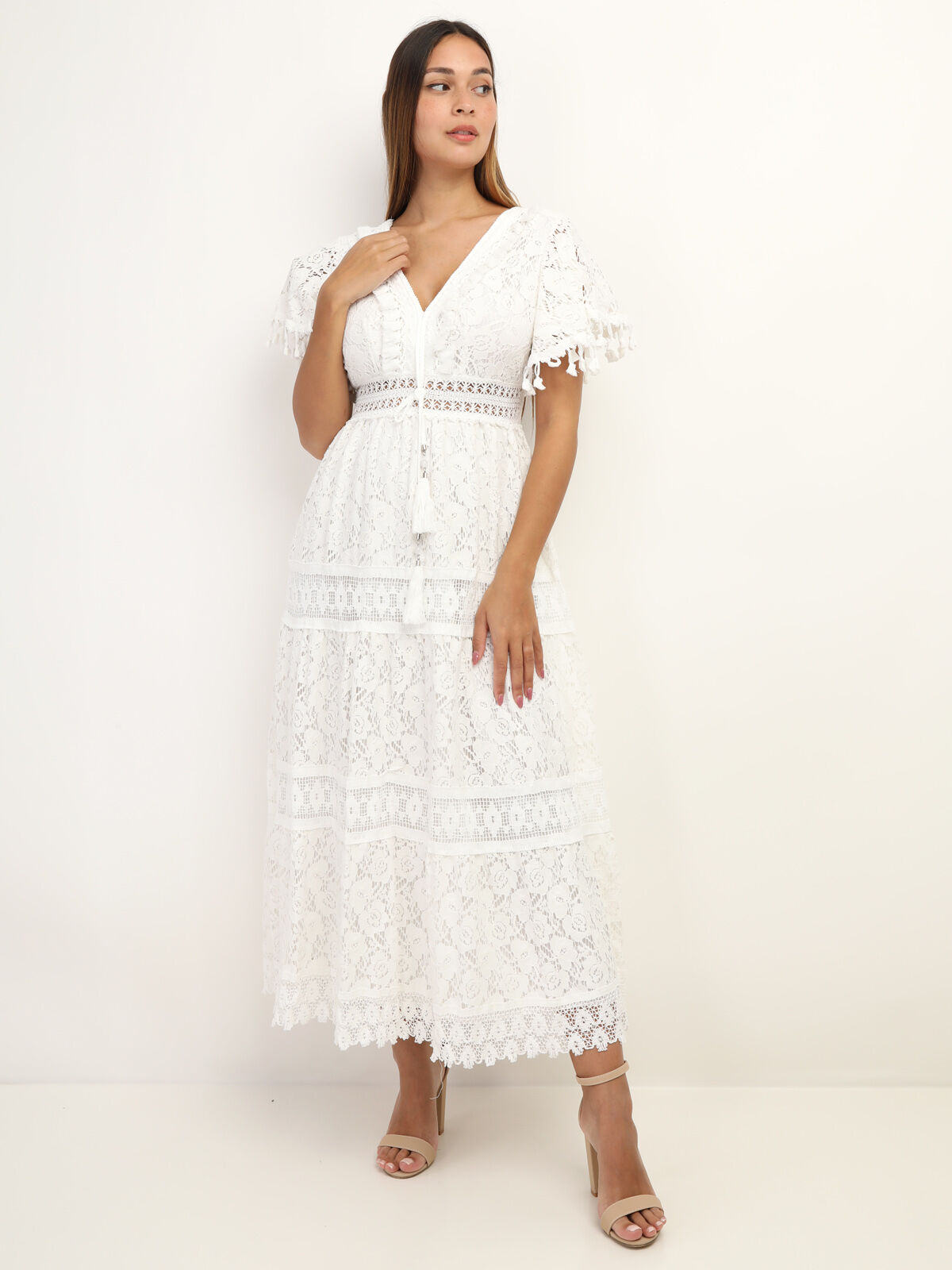 Robe longue en dentelle à pompons- Blanc
