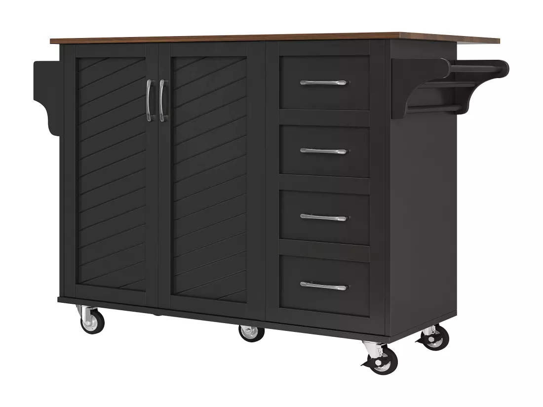 Ilot central de cuisiner - chariot à roulette avec plateau extensible - 2 tiroirs et 2 portes - Noir