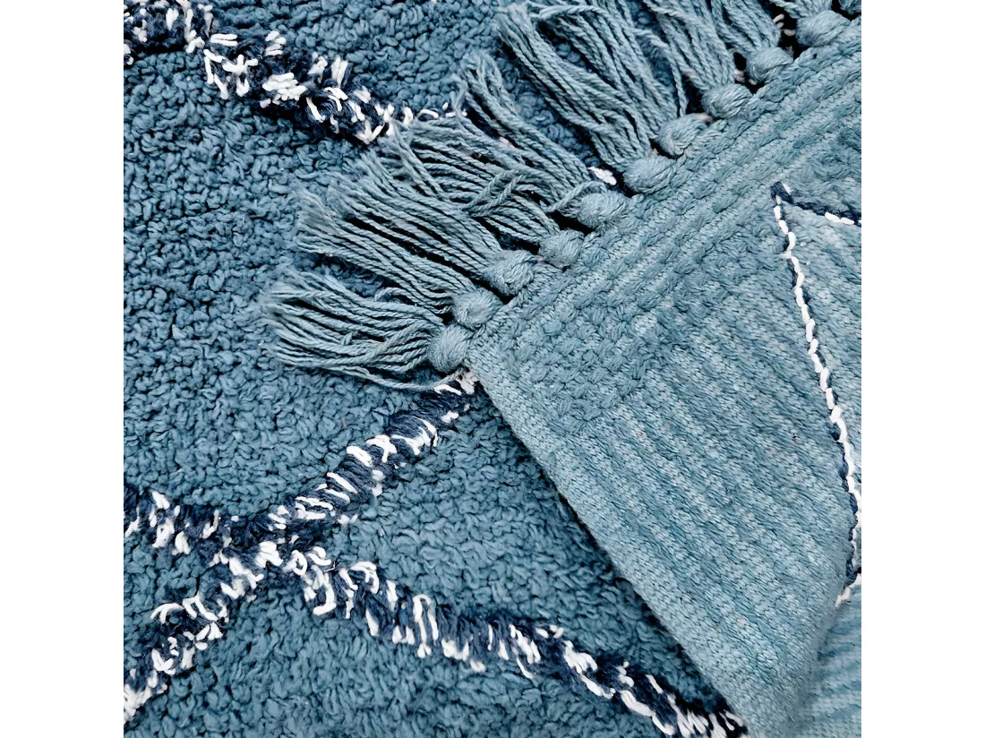 Tapis de bain 50 x 90 cm coton bleu style berbère à franges - FLUFFY