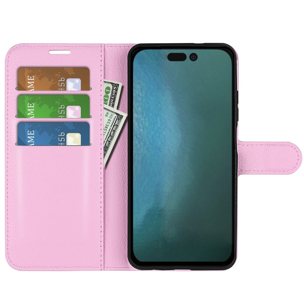 iPhone 14 Pro Max Leder Tasche Flip Cover Litchi Look - Rosa