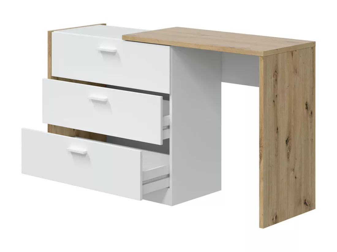 Bureau Toronto, Bureau avec tiroirs et plateau escamotable, Table d'étude ou de bureau pour PC, 75x40h130 cm, Chêne blanc et noueux