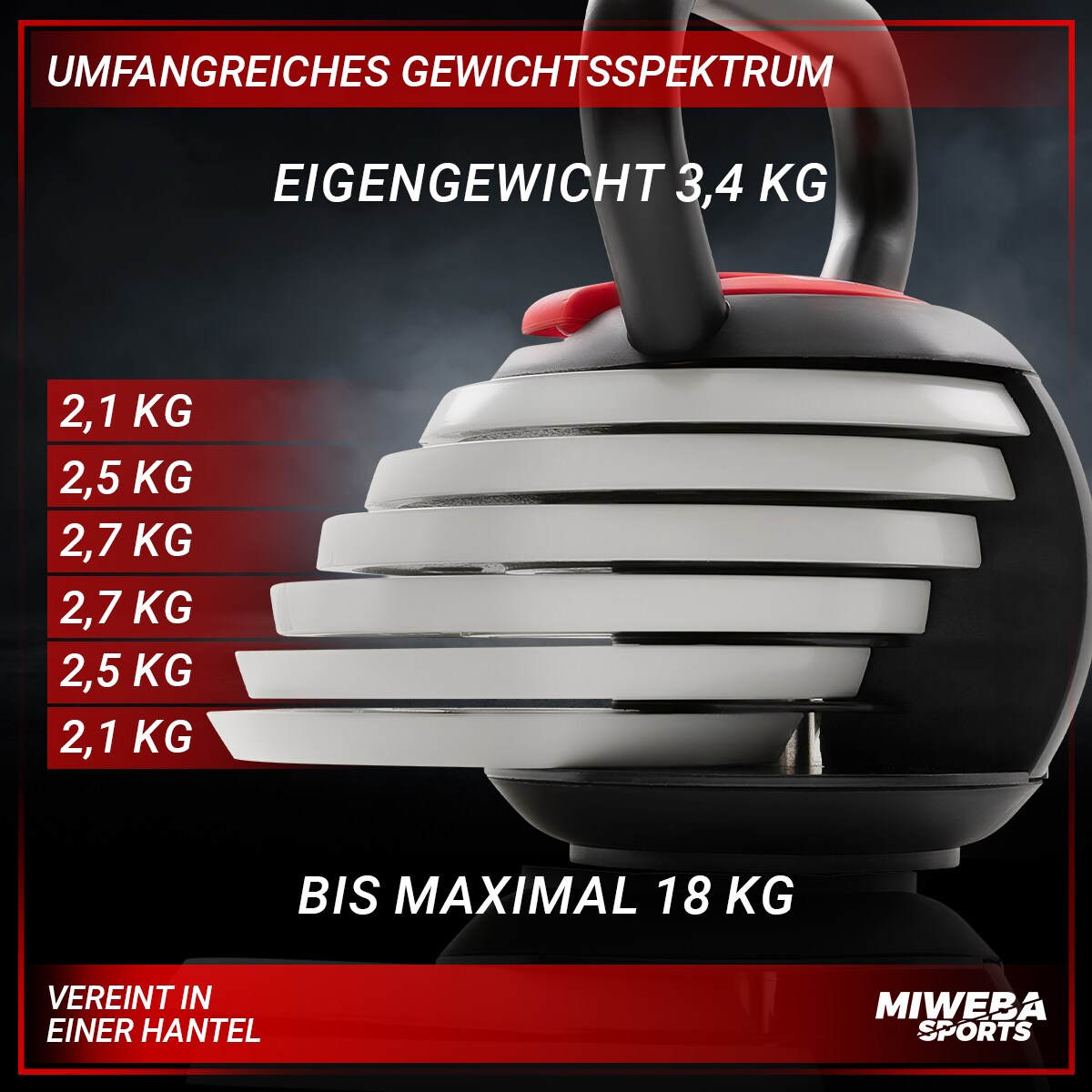 Miweba Sports Kettlebell KB300, verstellbar, 3,4-18 kg, 6 Gewichtscheiben, Easy-Lock-Mechanismus