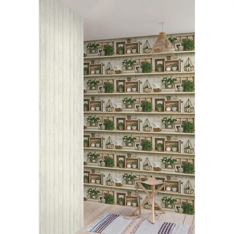 Dutch Wallcoverings - Exposure planken/deco beige/groen - 0,53x10,05m