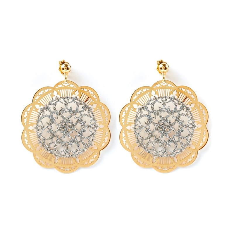 Boucles D'oreilles Motif Inca Argent Et Doré