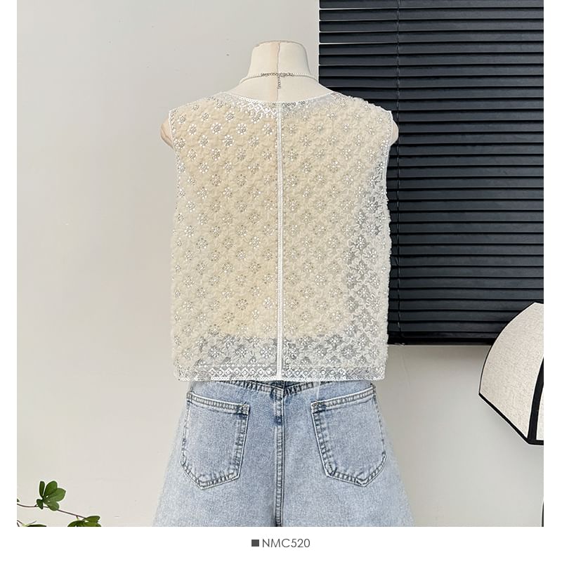 Lemongrass - Mesh vest met pailletten en knoopjes