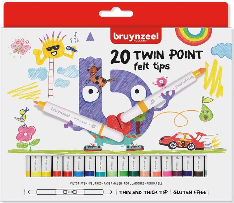 Bruynzeel - Kids Twin Point - Viltstiften Set 20 - Diverse Kleuren - Waterbasis Inkt