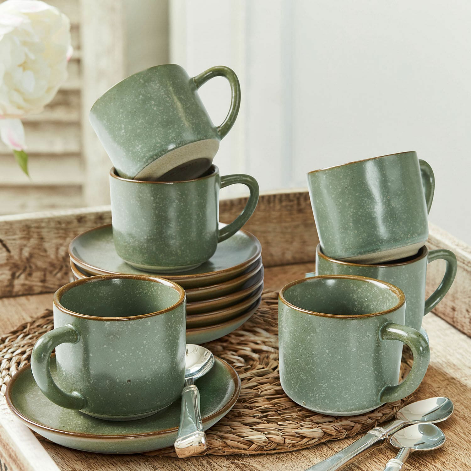 Tasse mit Untertasse 6er Set Biarré türkis/braun