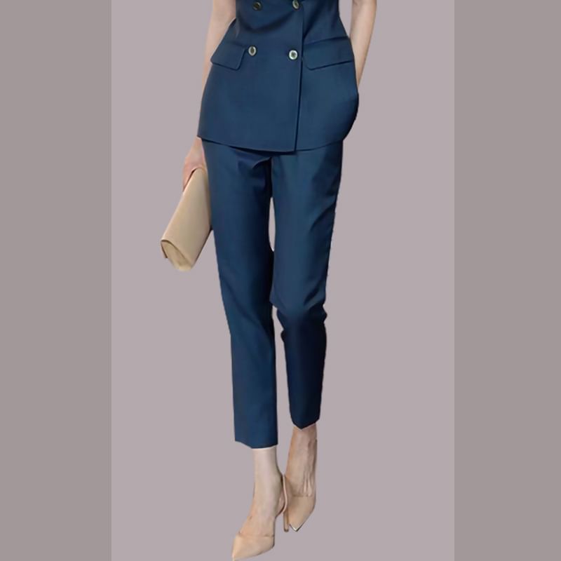 palajana - Set: Peak Lapel Plain Double Breasted Vest + Mid Rise Cropped Straight Leg Slacks