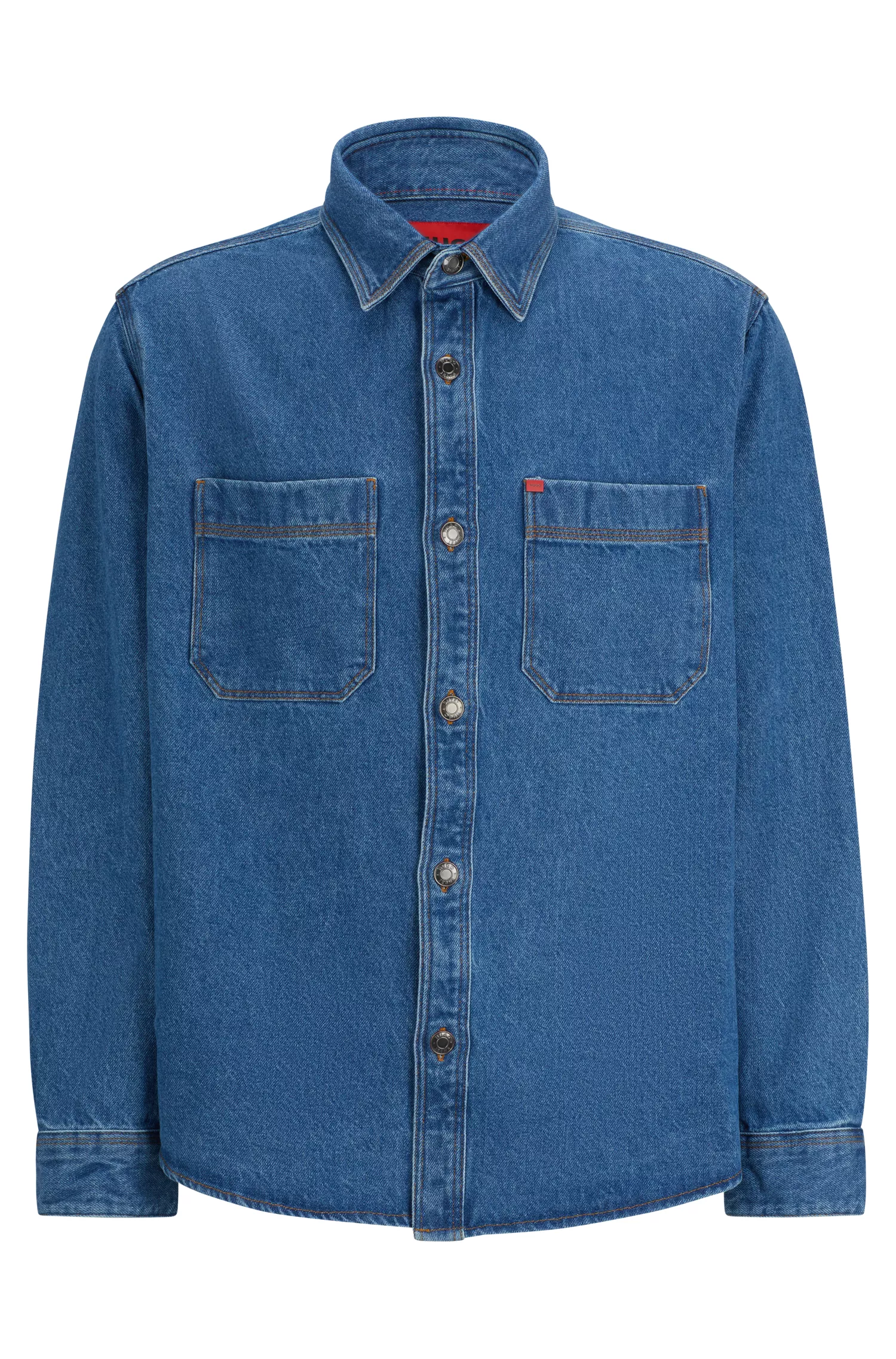 Camisa HUGO vermelha de modelagem oversized em jeans azul cru