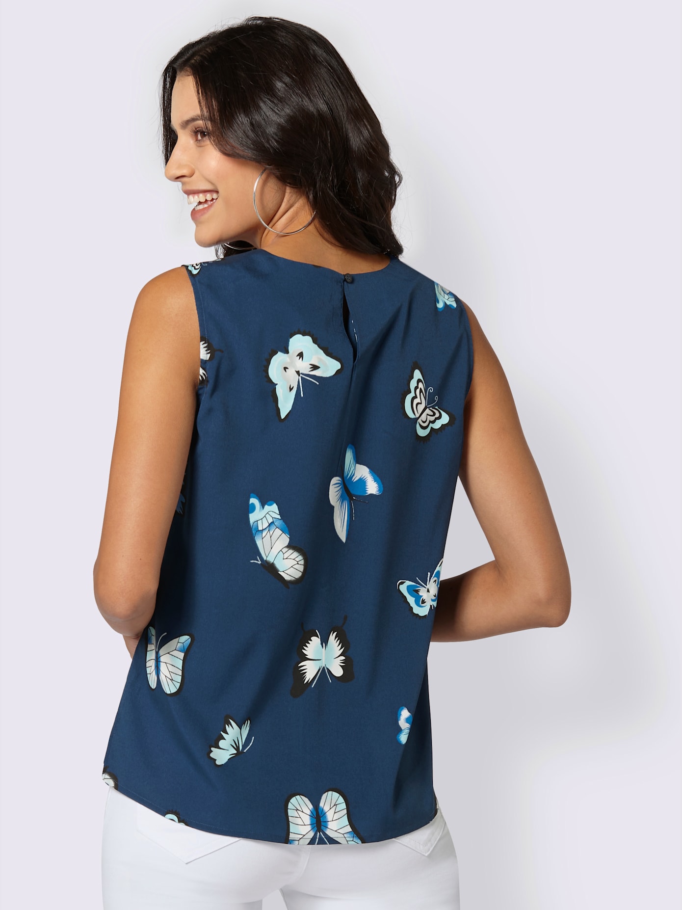Blouse fluide sans manches imprimé col rond avec plis décoratifs