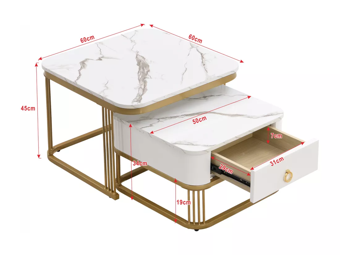 Lot de 2 tables basses gigognes avec 1 tiroirs, table basse carrée - plateaux en aspect marbre - bois et métal - Blanc brillant