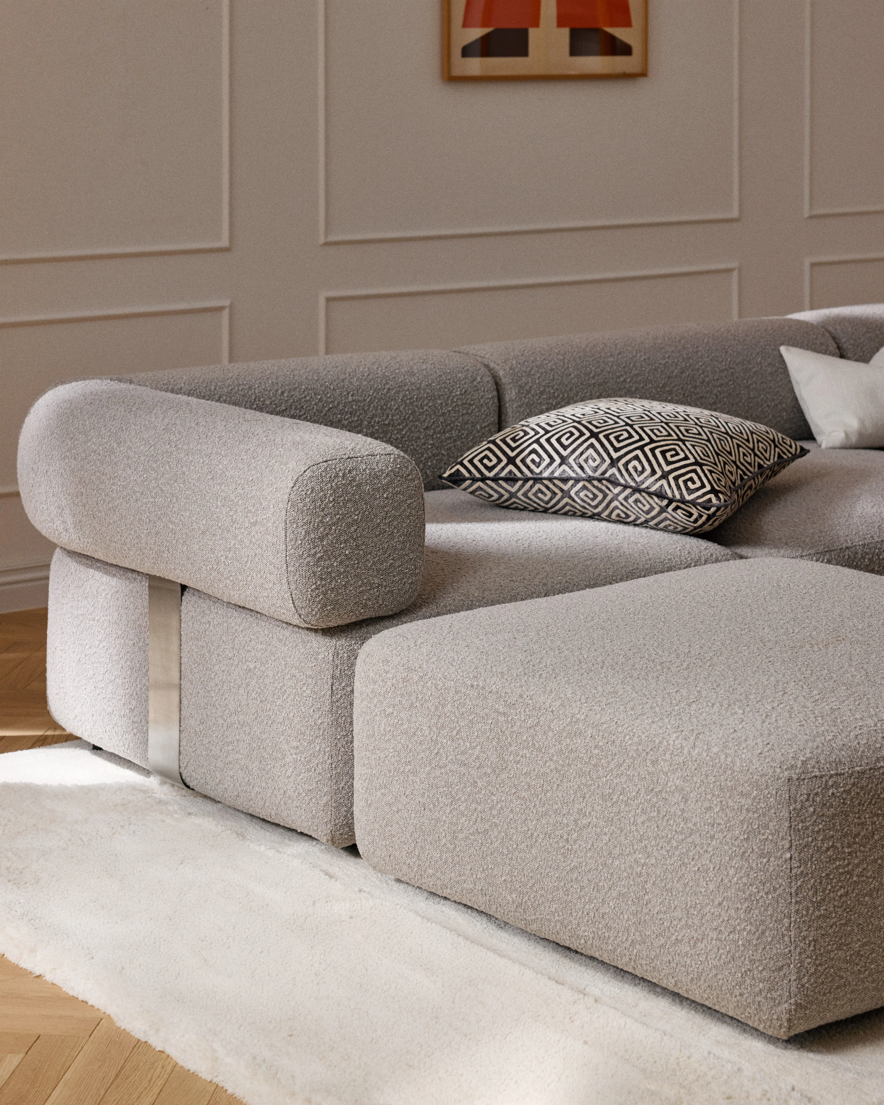 Modulaire bank Anton (4-zits) met poef (links/rechts) van bouclé