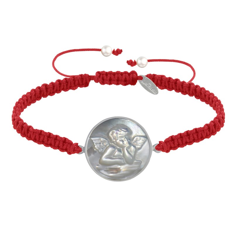 Bracelet Lien Tréssé Médaille Ronde Argent et Nacre Ange Raphaël - Rouge