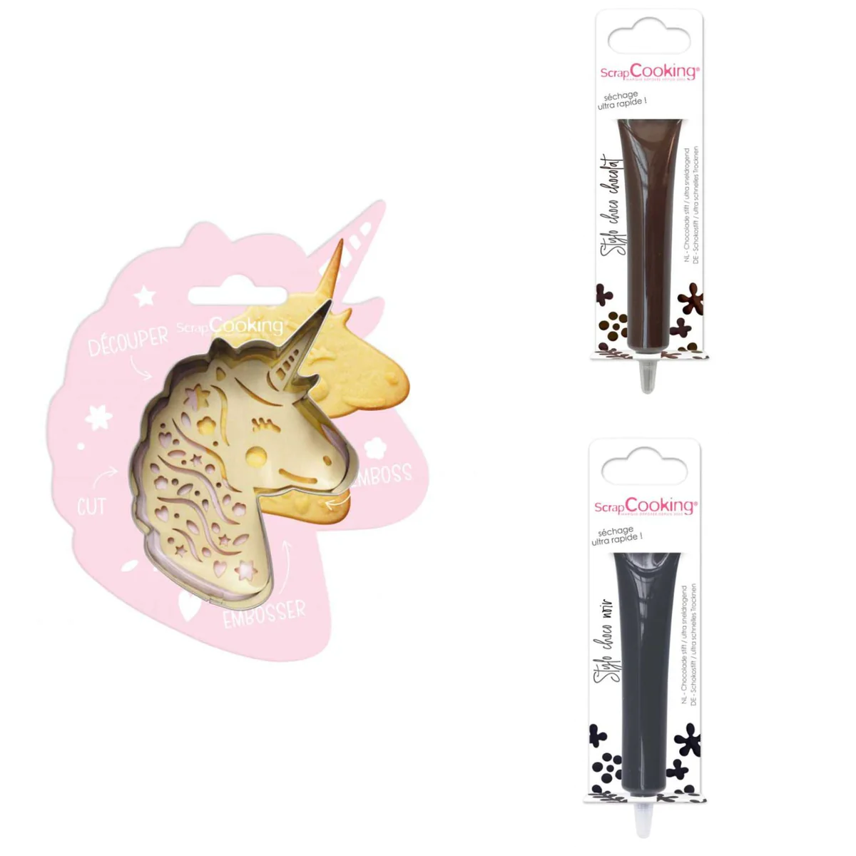 Kit pour biscuit en relief Licorne + 2 Stylos au chocolat marron et no