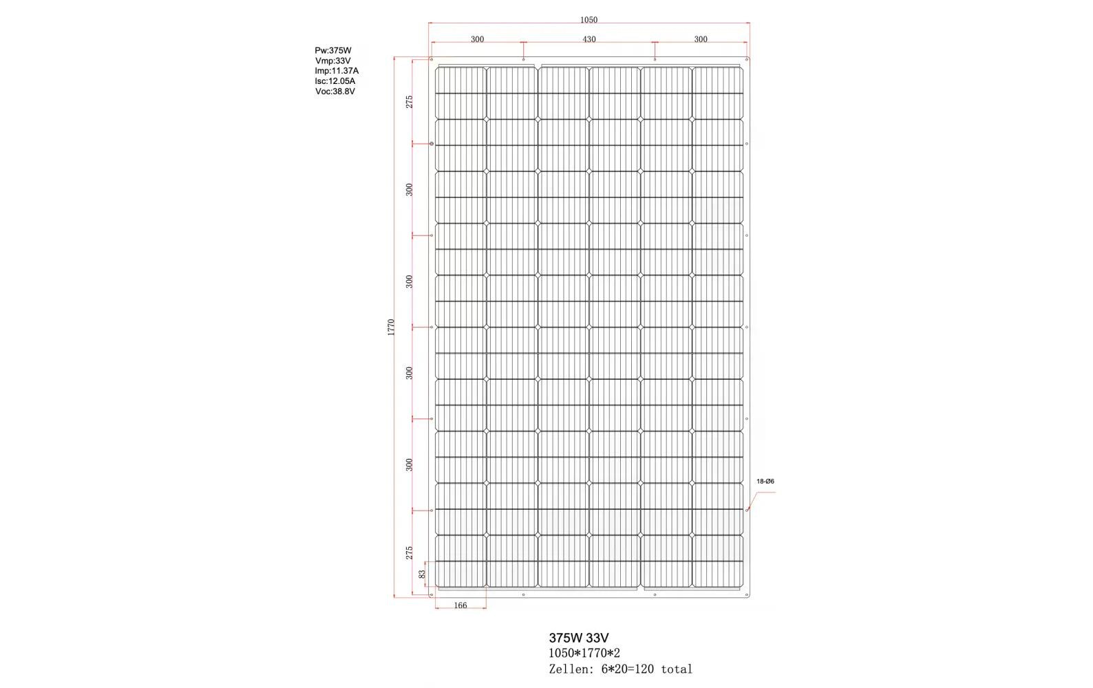 Solarpanel EFTE, flexibel, IP65, 375 W<br>Solarpanel mit MC4 Kabel, 105 x 177 x 0.2 cm