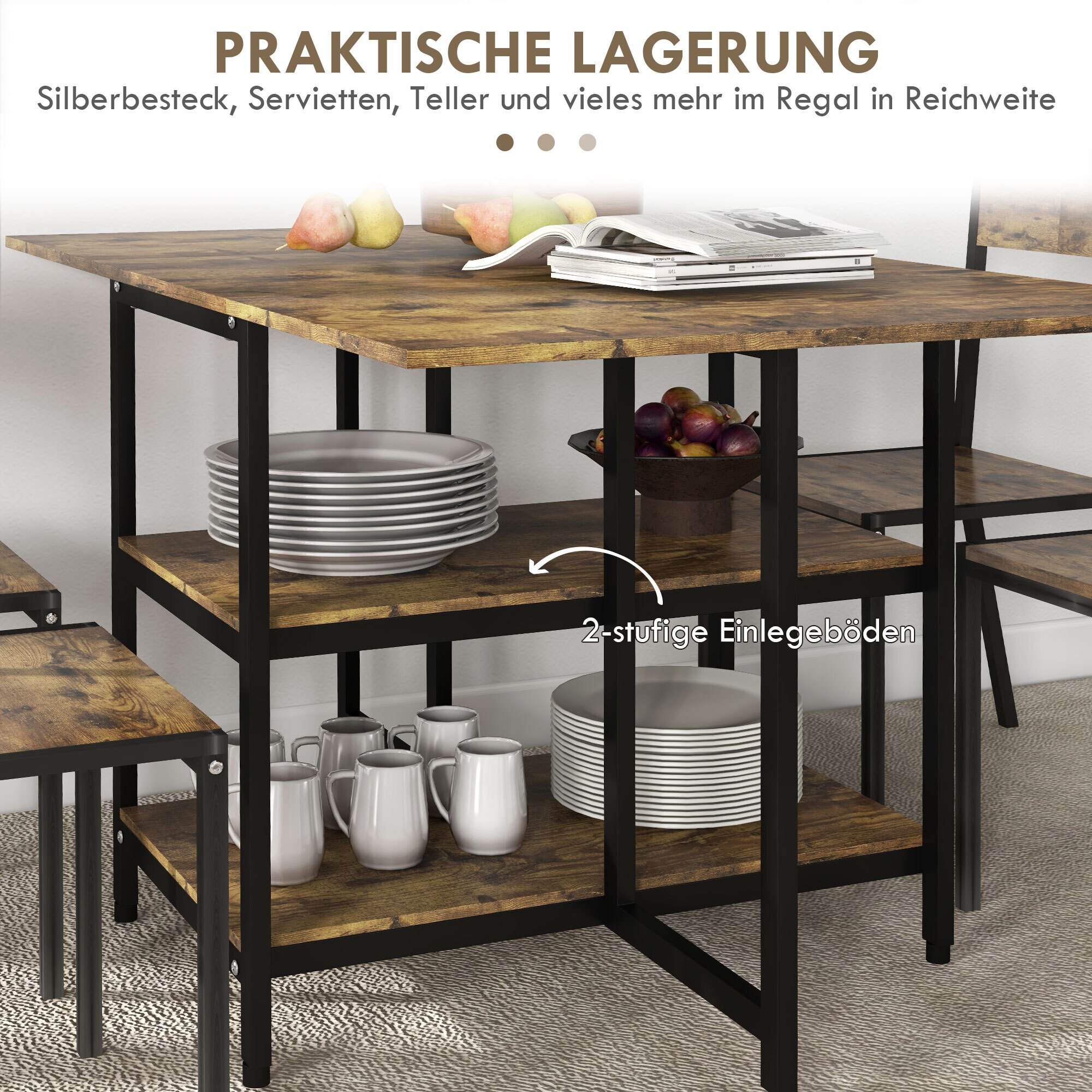 HOMCOM Klappesszimmertisch mit Rollen und 2 Ablageebenen braun 140L x 80B x 75H cm