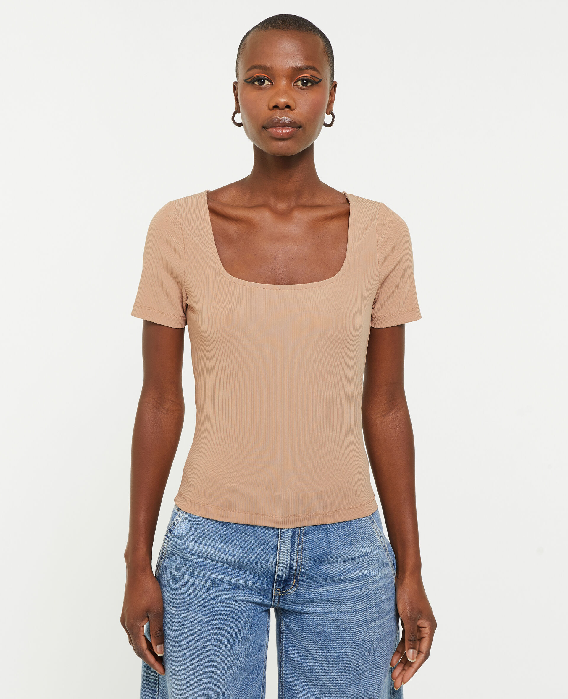 Top encolure carré maille côtelée - Taupe