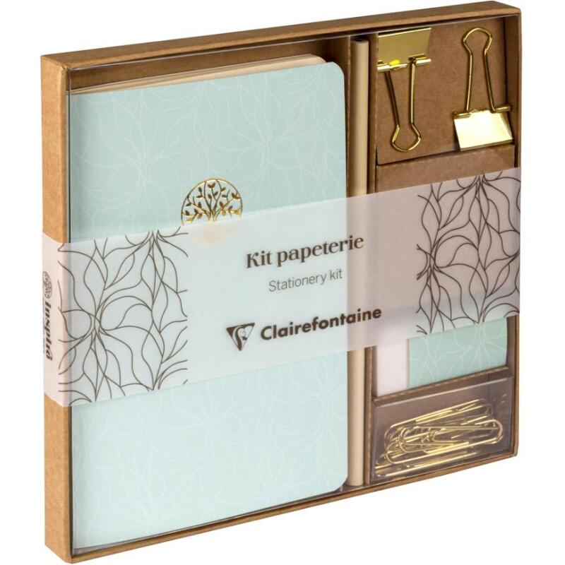 Inspire, Kit de papeterie contenant un carnet 11x17 cm 64 pages lignées, un crayon de papier, 2 pinces doubles-clip, 10 trombones et une gomme