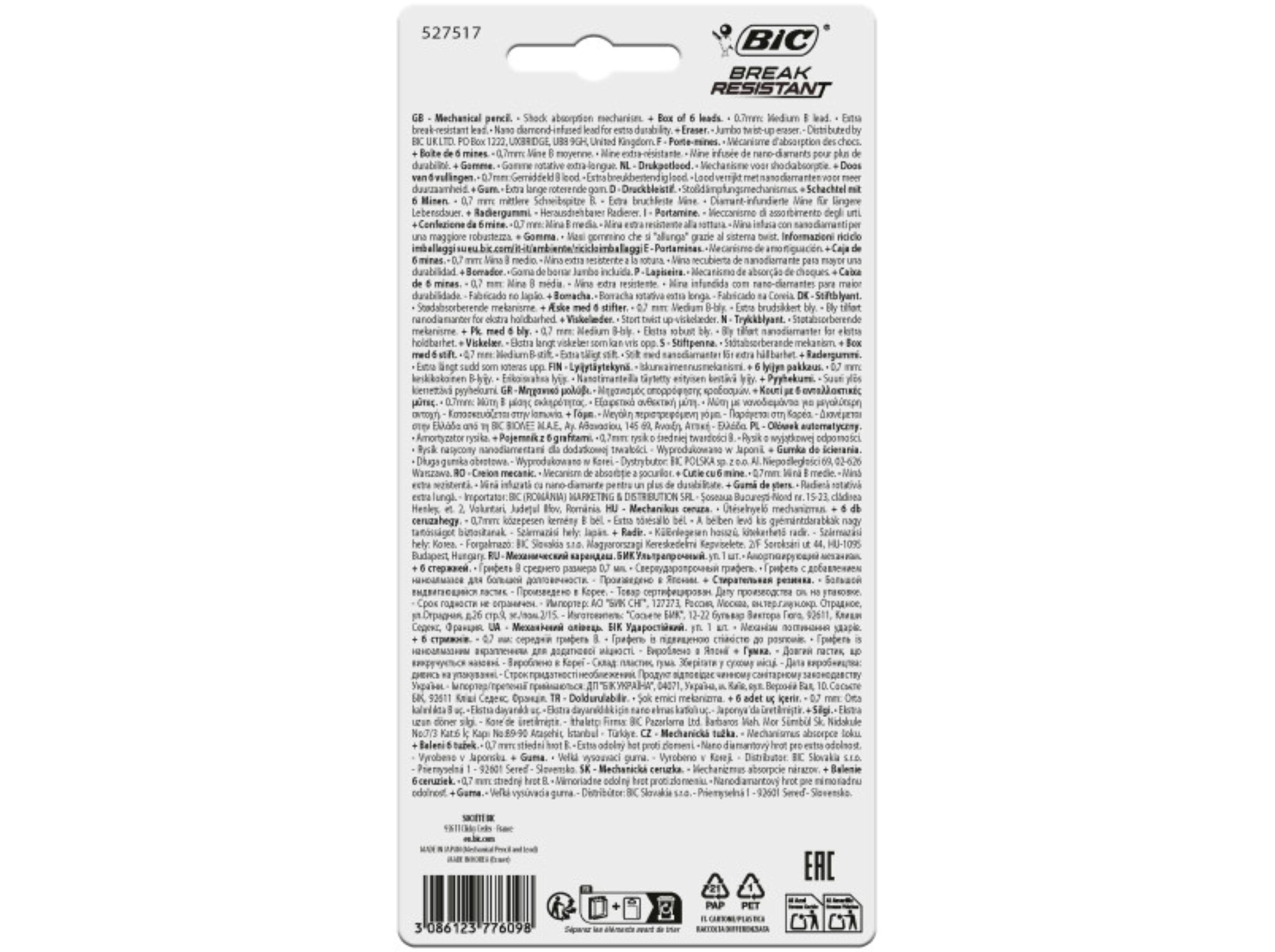 LAPISEIRA BIC BREAK RESISTANT COM 6 MINAS E 1 BORRACHA