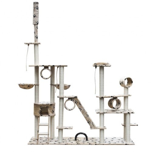 Arranhador de luxo para gatos na cor bege com estampa de patas.