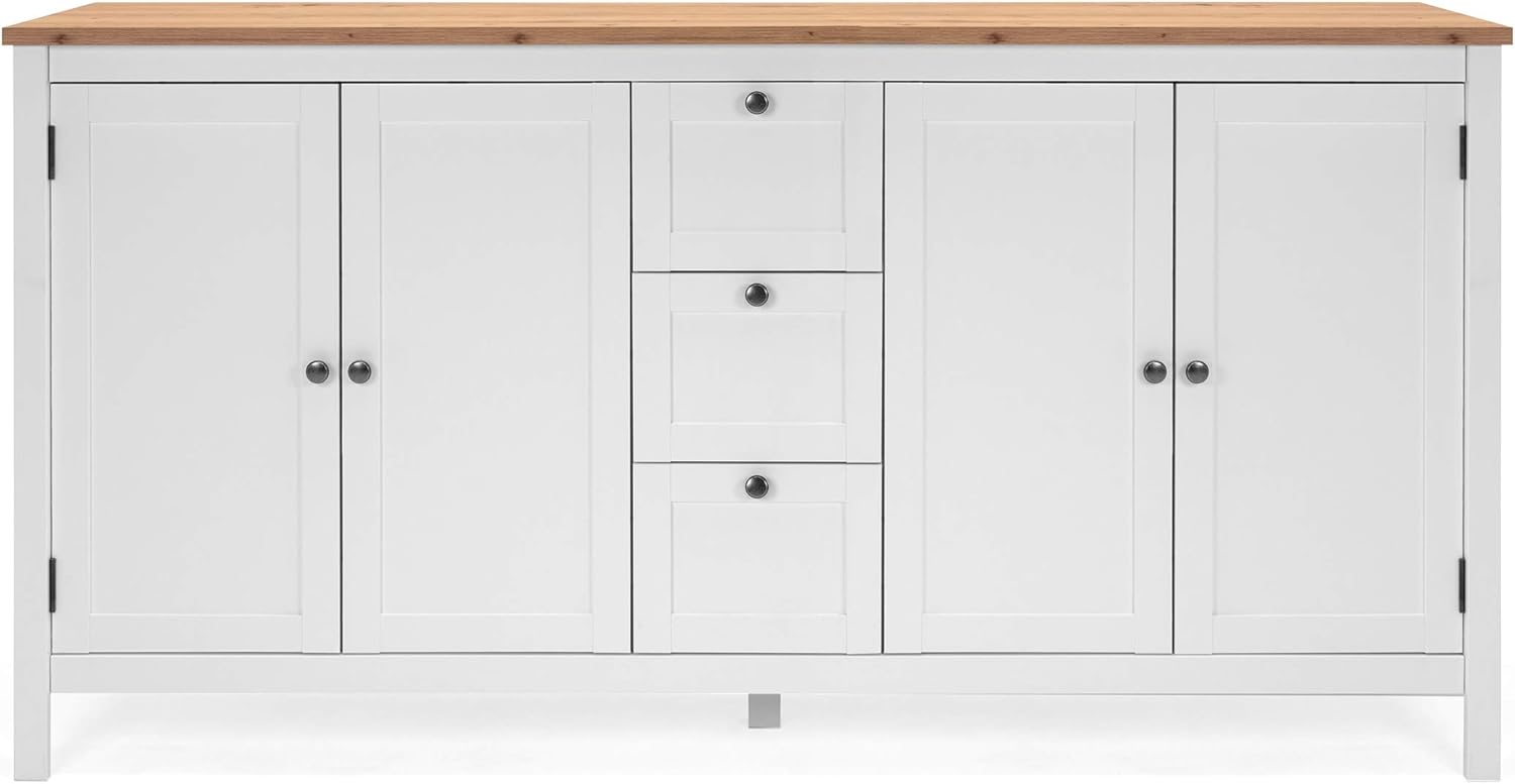 Newfurn Kommode Weiß Wildeiche Sideboard Vintage Landhaus - 180x90x40 cm (BxHxT) - Highboard Anrichte - [Eireen.Three] Wohnzimmer Schlafzimmer Flur Esszimmer