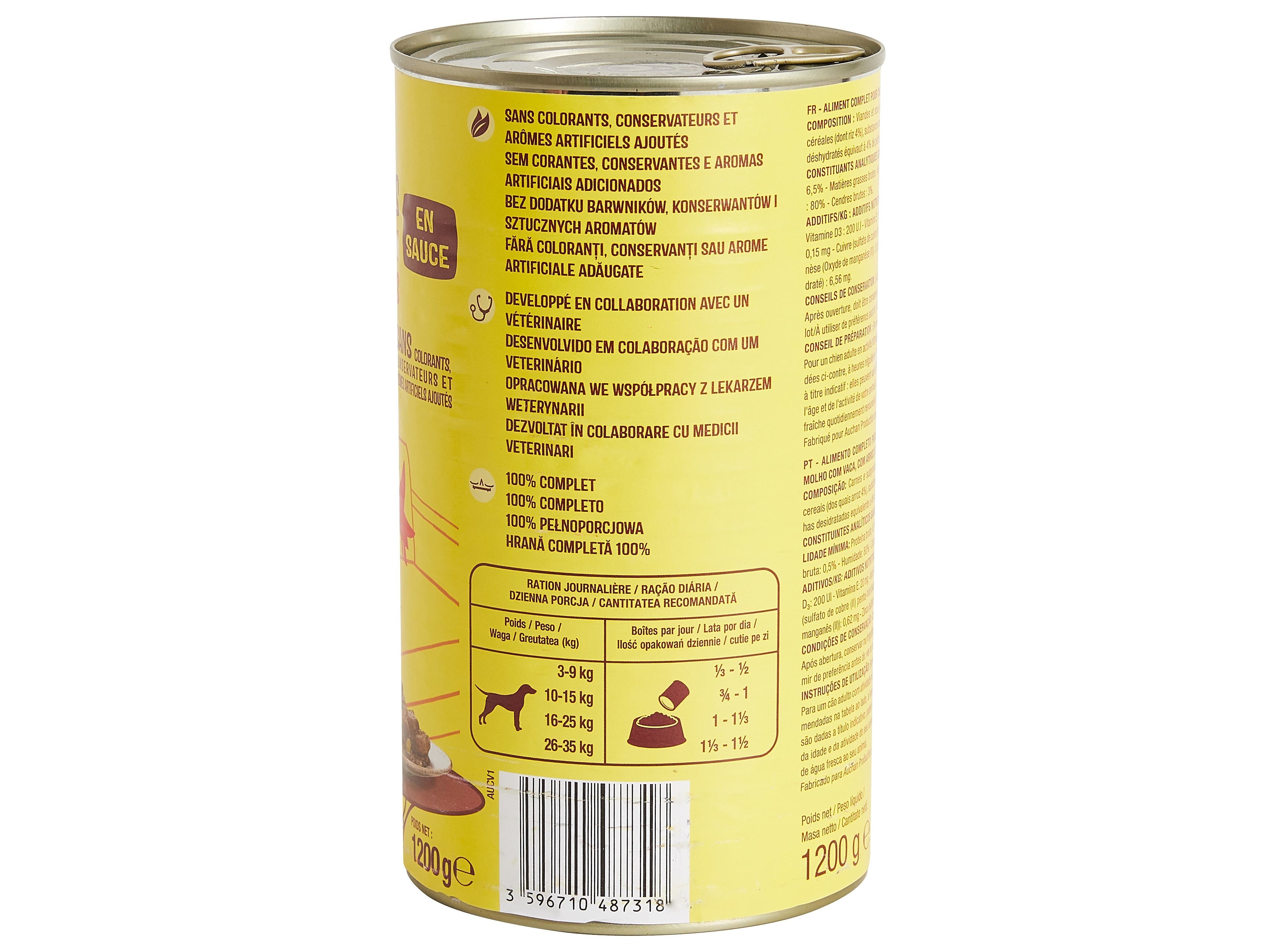 COMIDA HÚMIDA PARA CÃO AUCHAN PEDAÇOS EM MOLHO COM VACA COM ARROZ E COM ERVILHAS 1200G