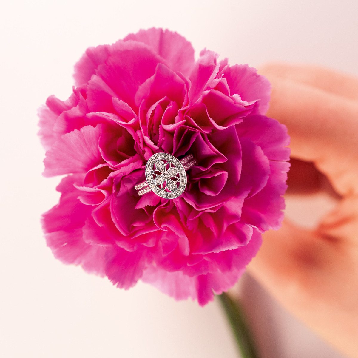 Bague or 375 blanc ovale ajourée diamants