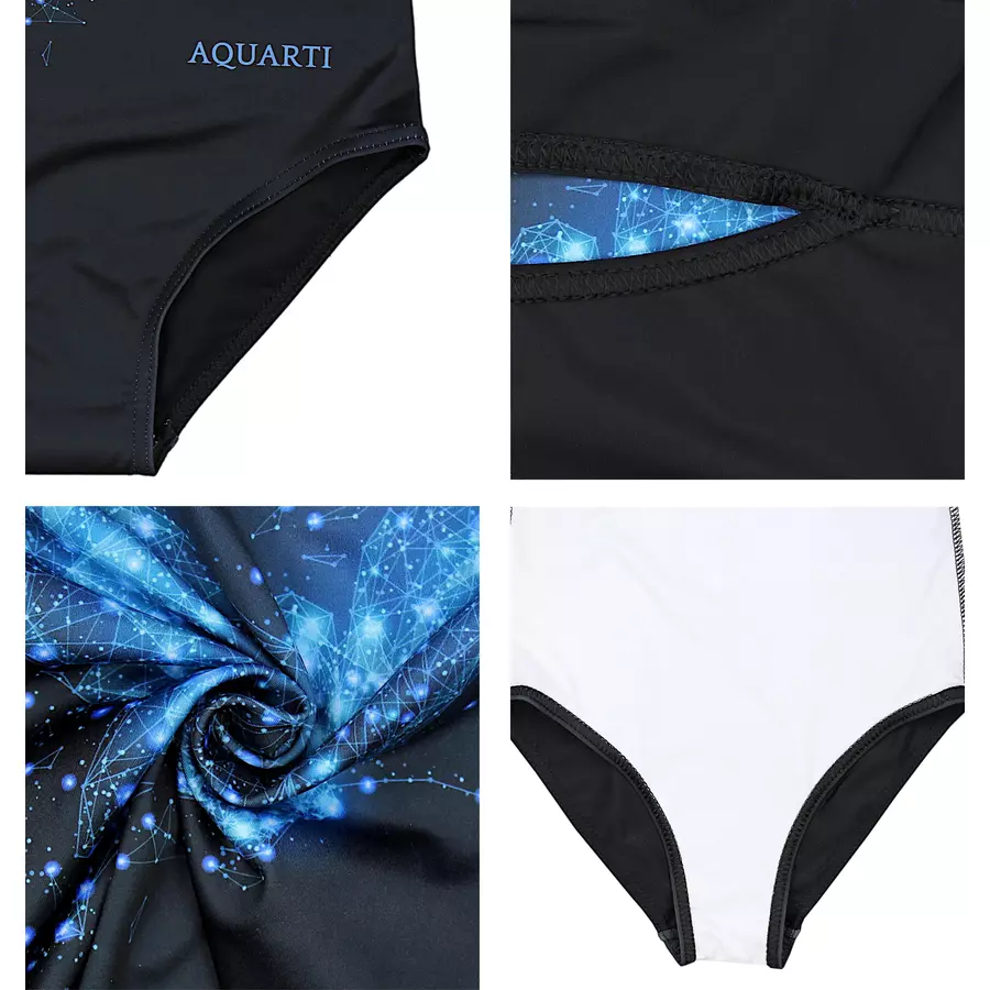 Aquarti Mädchen Badeanzug mit Ringerrücken Print schwarzblau