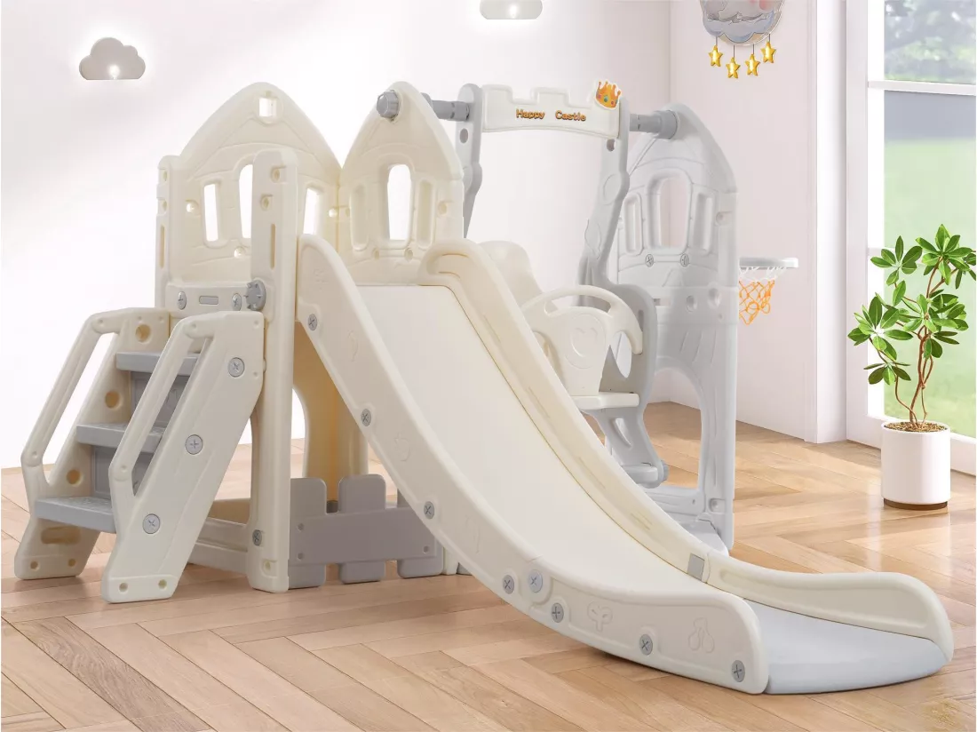 Toboggan 5 en 1 - avec escalier, balançoire, espace de rangement, panier de basket - gris clair