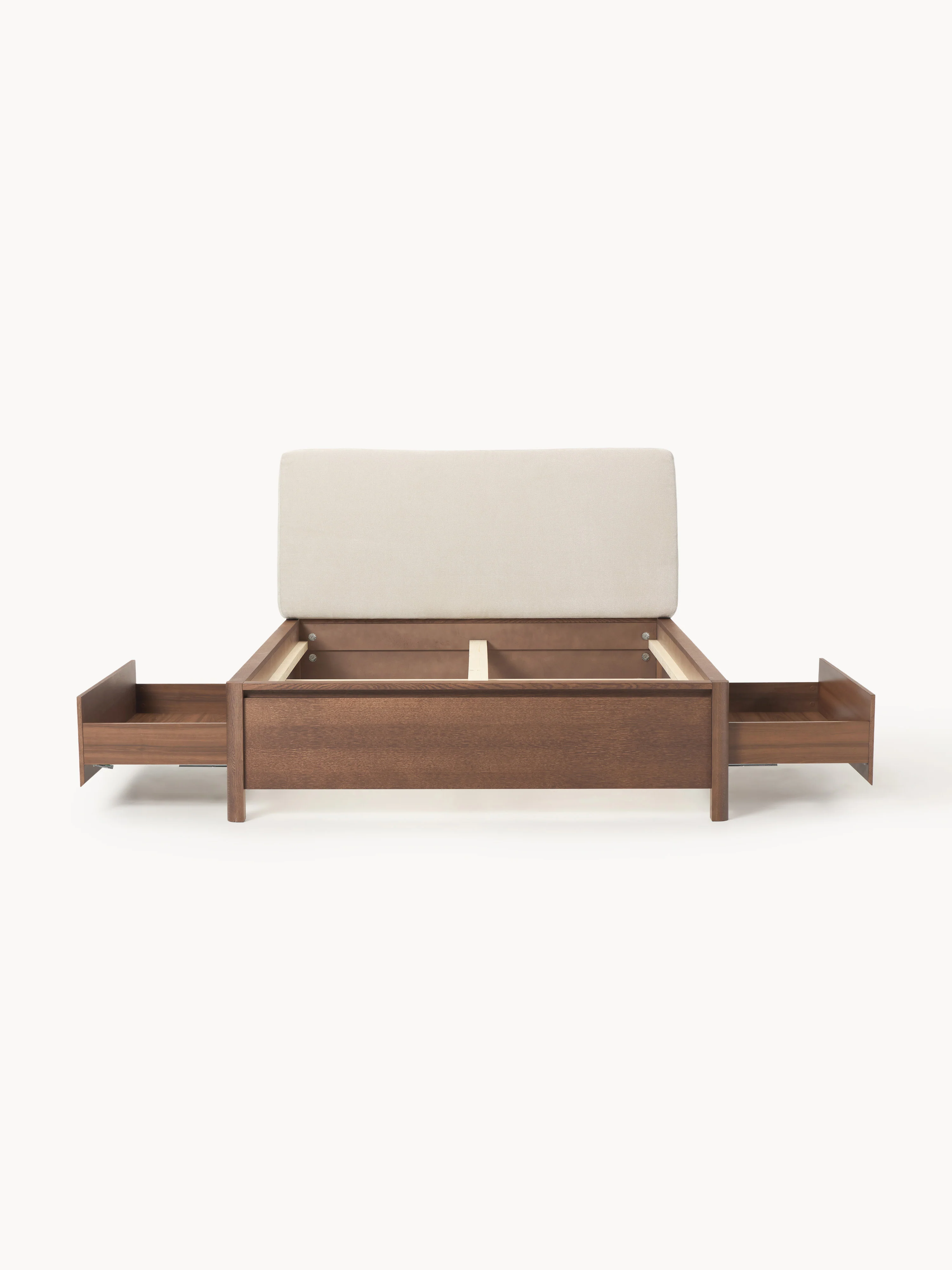 Houten bedframe Santiago met gestoffeerd hoofdeinde en lades