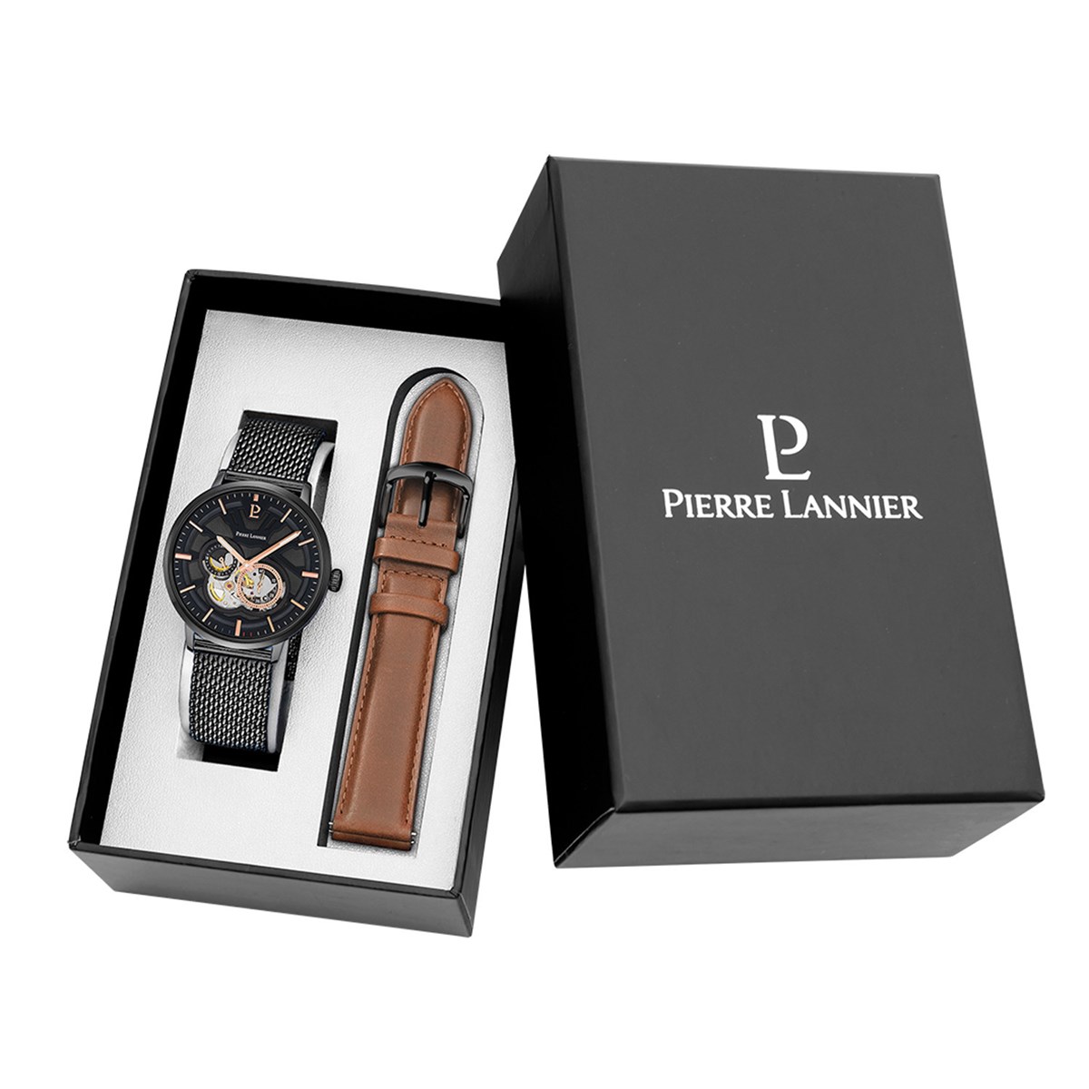 Coffret montre Pierre Lannier TRIOCadran Noir Bracelet Cuir Brun