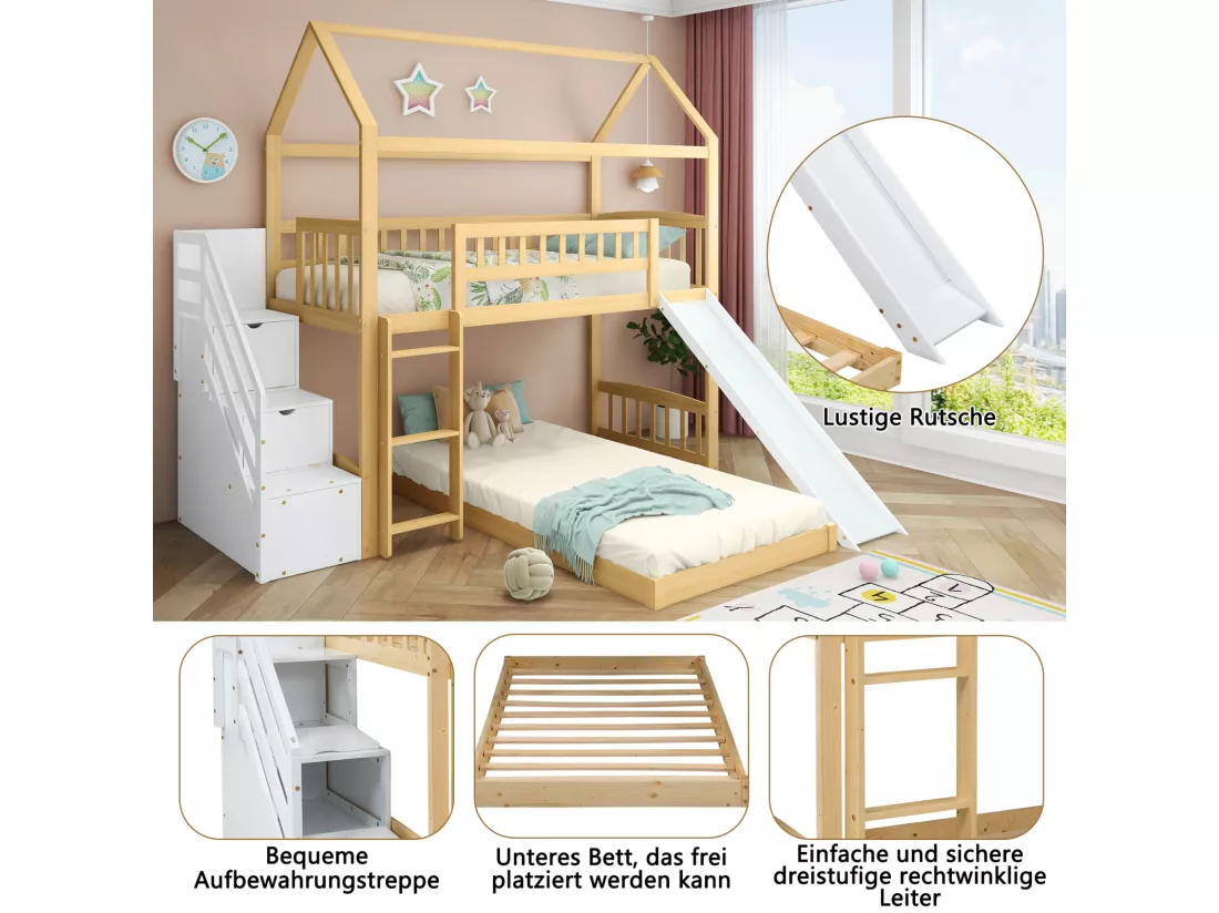 Lit superposé 2x90x200cm, lit cabane enfnat avec toboggan,avec 3 escaliers de rangement, cadre en bois, naturel+blanc