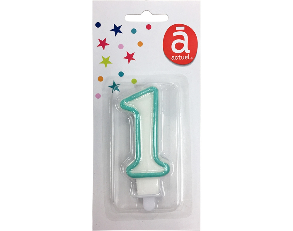VELA DE ANIVERSÁRIO ACTUEL BRANCO COM REBORDO AZUL NÚMERO 1