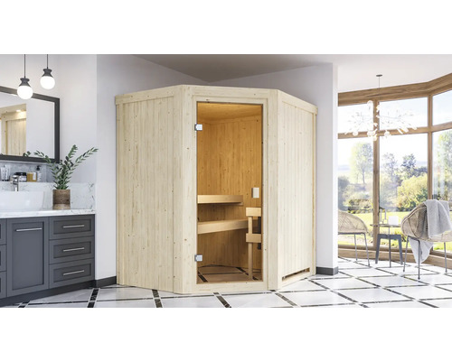 Karibu Alina modulaire sauna inclusief 9 kW biooven en externe bedieningseenheid, zonder dakrand, met gebronsde volledig glazen deur