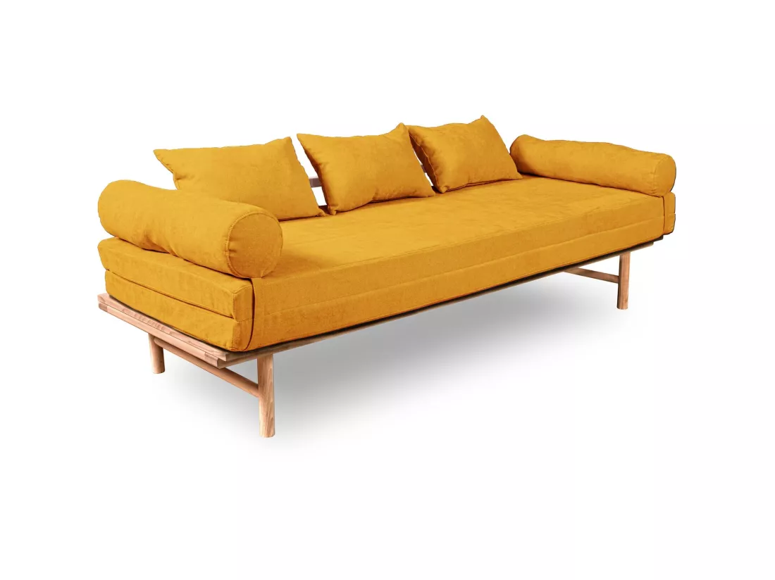 Canapé Lit Convertible Design en Tissu Beige et Bois Jaune