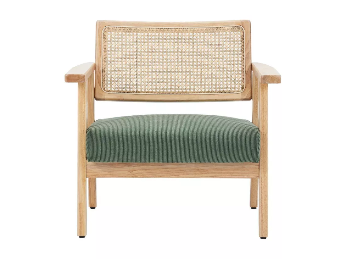 Fauteuil en velours côtelé vert et cannage naturel - Tim