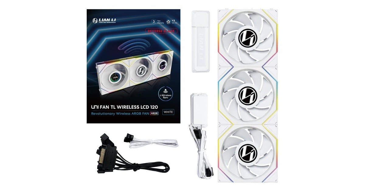 Lian LiUNI FAN TL 120 LCD Wireless Reverse Blade RGB case fans  (Wit, 3 stuks, 120 x 124 x 28 mm, PWM, 1x 9-pin USB, incl. controller)