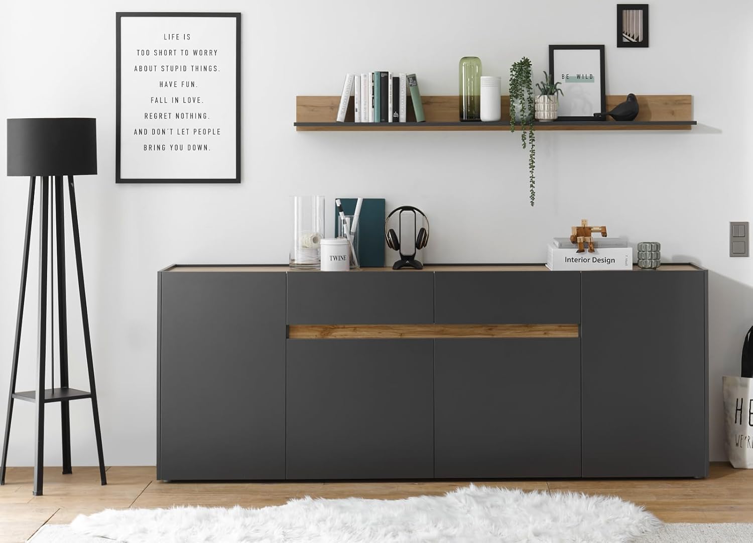 Sideboard Kommode in Eiche Wotan Holz und grau matt modern Wohnzimmer Esszimmer Schrank viel Stauraum 220 x 87cm Center (Kommode)