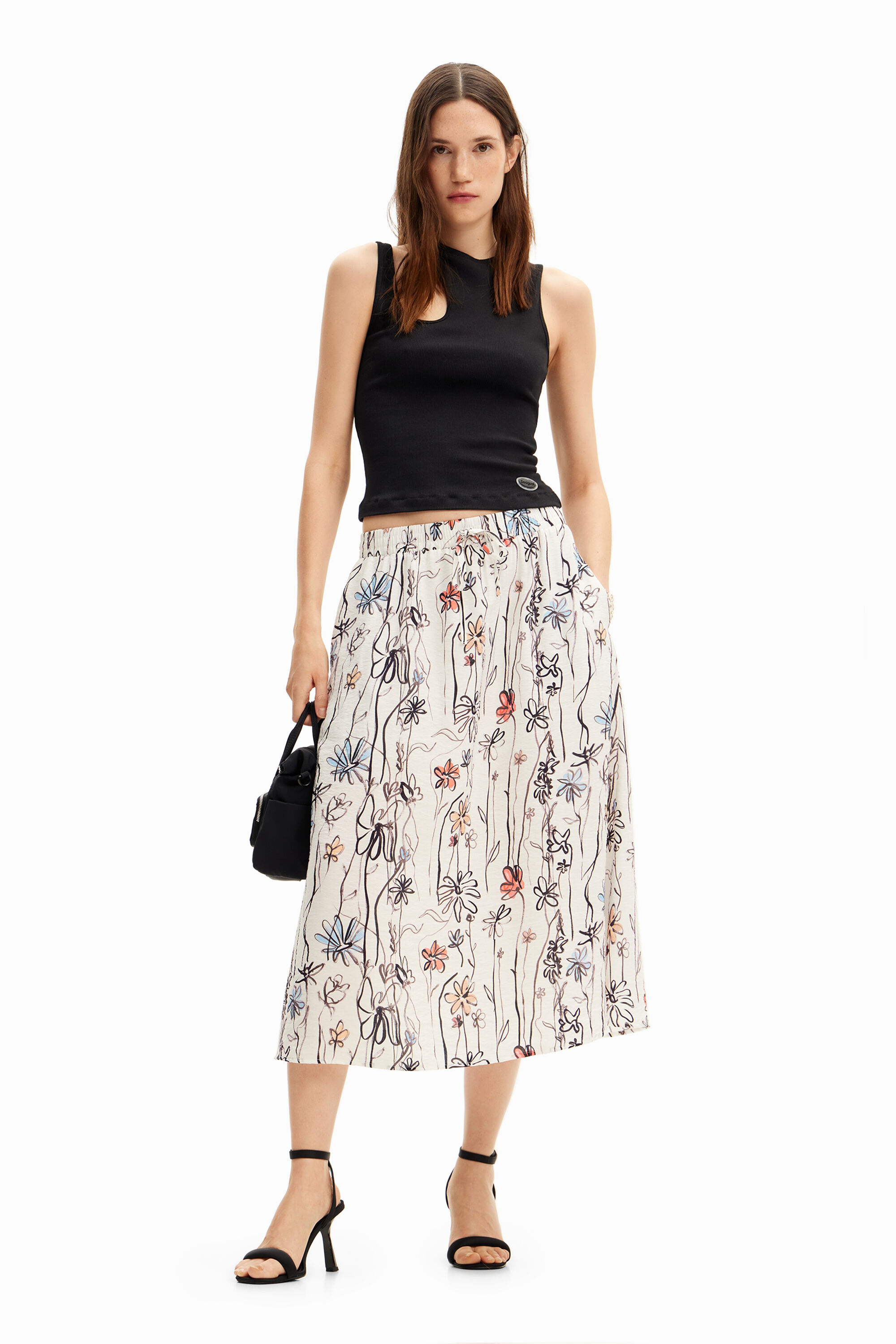 Falda midi flores ilustradas