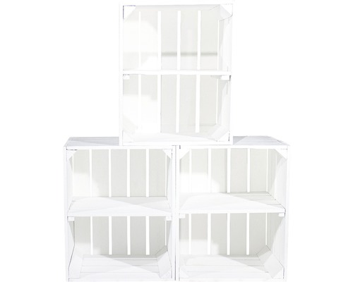 Vintage witte fruitkist met horizontale middenplank, 50x40x30 cm, set van 3