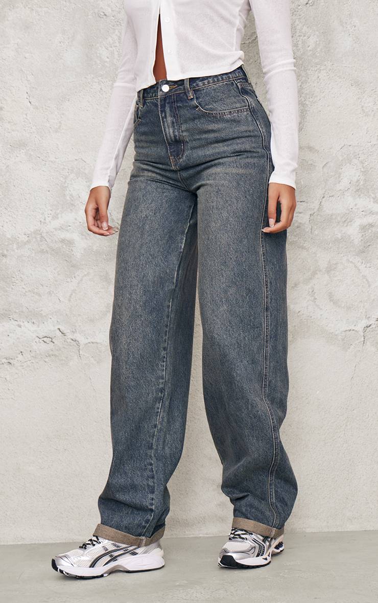 Délavage Vintage Jean Tall Taille Haute Style Barrel Avec Ourlet Retroussé