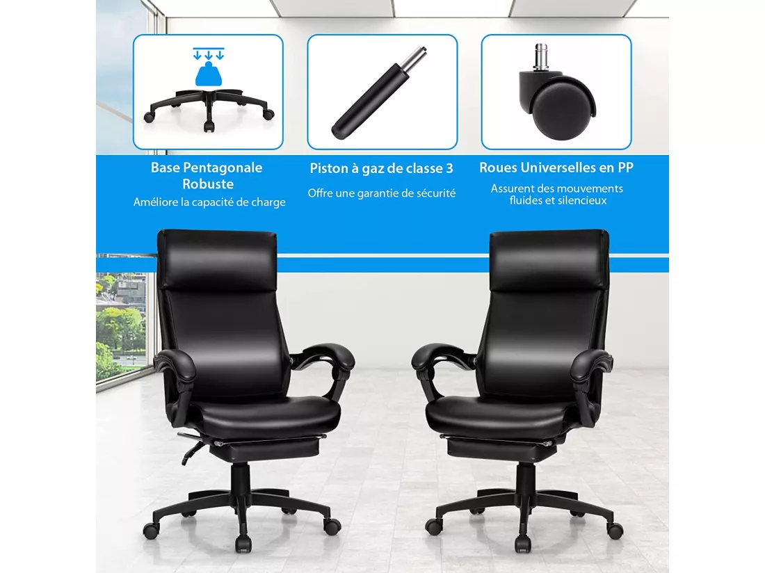 Chaise de Bureau Ergonomique Inclinable Pivotant Réglable en Hauteur avec roulettes Appuie-Tête Accoudoir Repose-Pieds 62 x 71,5 x 109-119 cm Noir