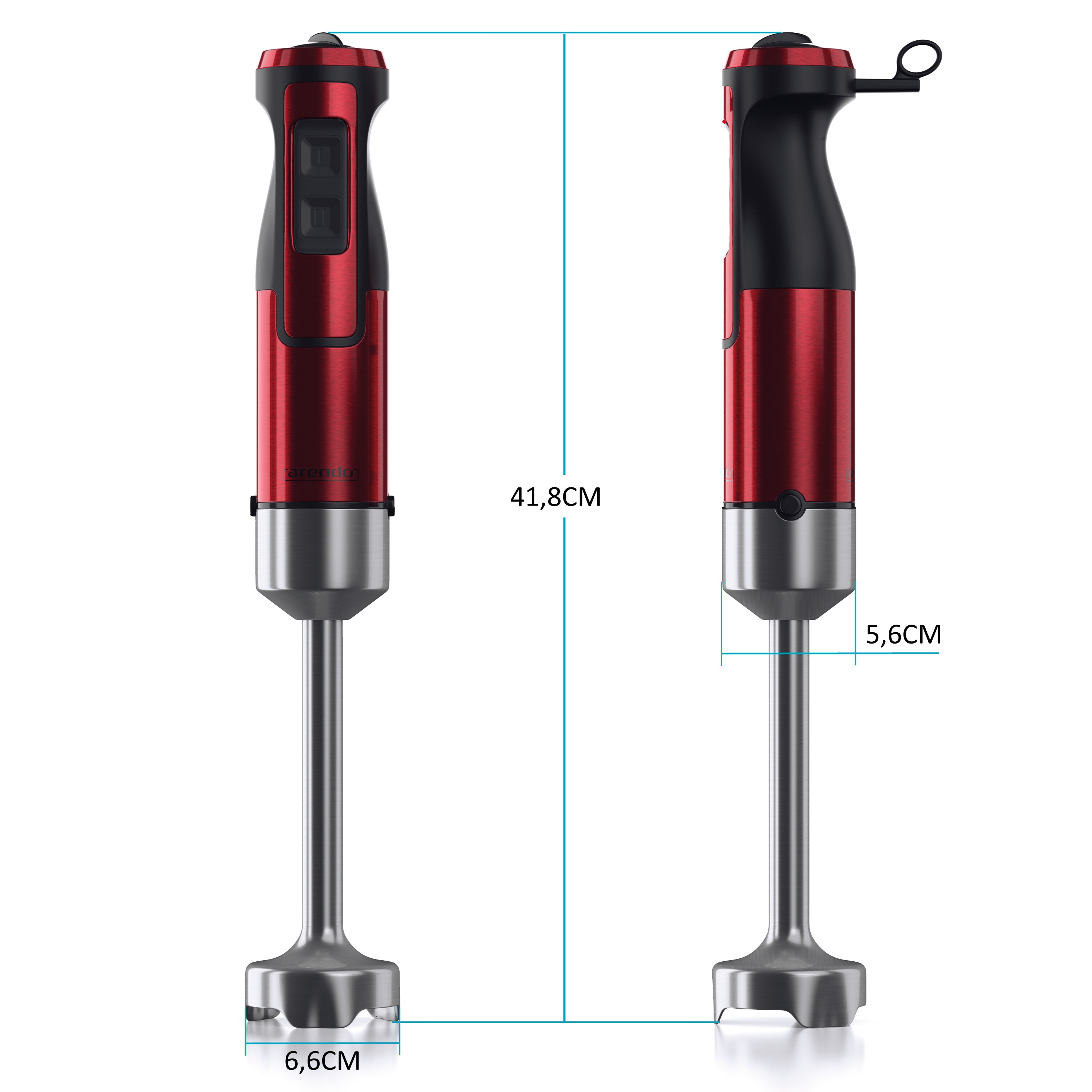 Arendo - Stabmixer, 1000 W, Edelstahl Pürierstab in rot, Handmixer mit Becher, stufenlose Regelung