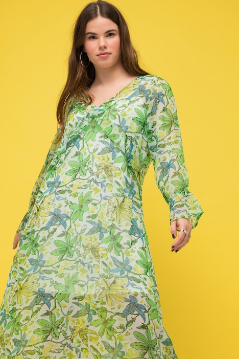 Maxikleid, A-Line, Chiffon, Blumen-Print, V-Ausschnitt, Langarm